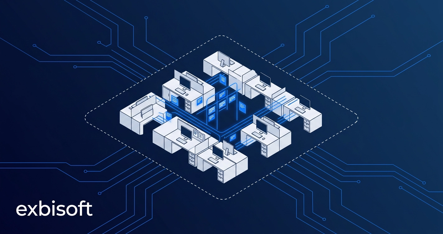 Isometrische Illustration eines dedizierten Entwicklerteams, eingebettet in den Workflow eines Kunden