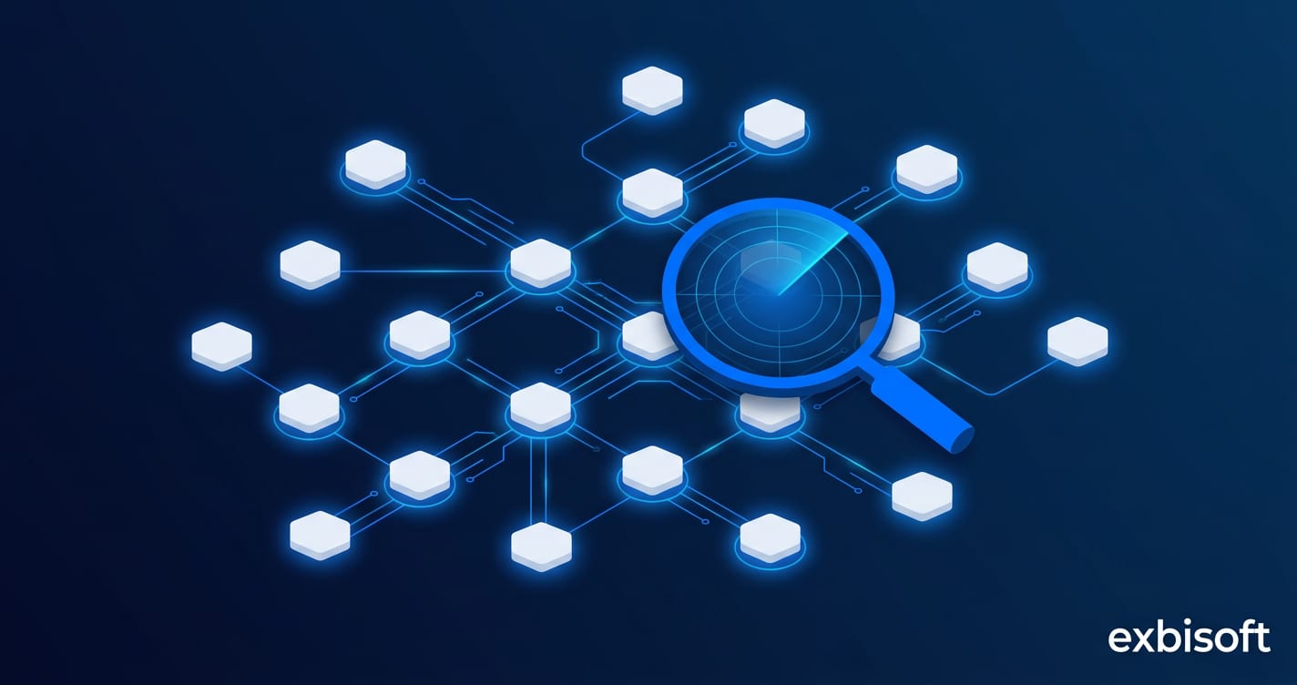 Abstract network of interconnected AI agent nodes discovering each other across a federated registry