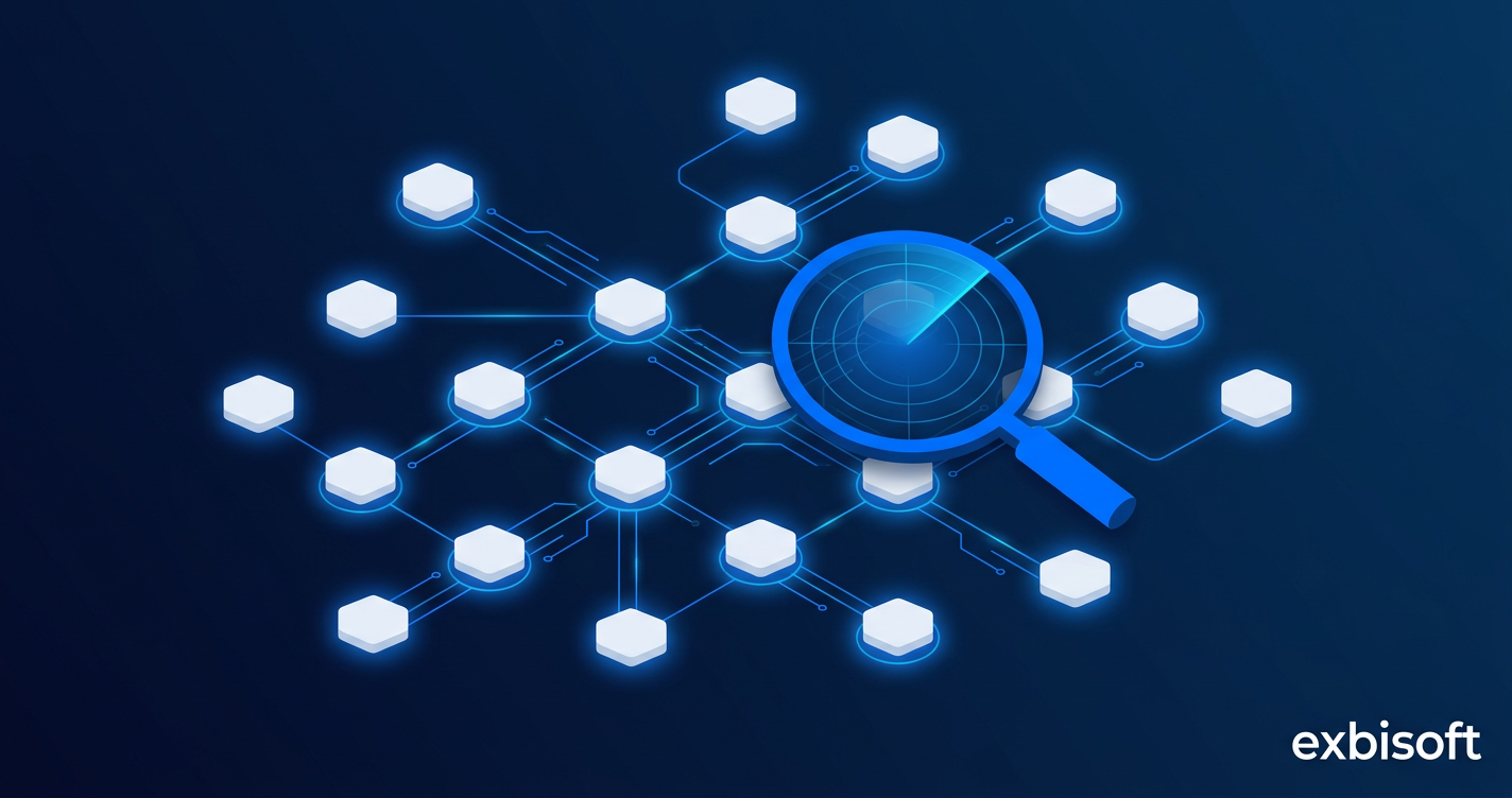 Abstraktes Netzwerk vernetzter KI-Agenten-Knoten, die einander über eine föderierte Registry entdecken