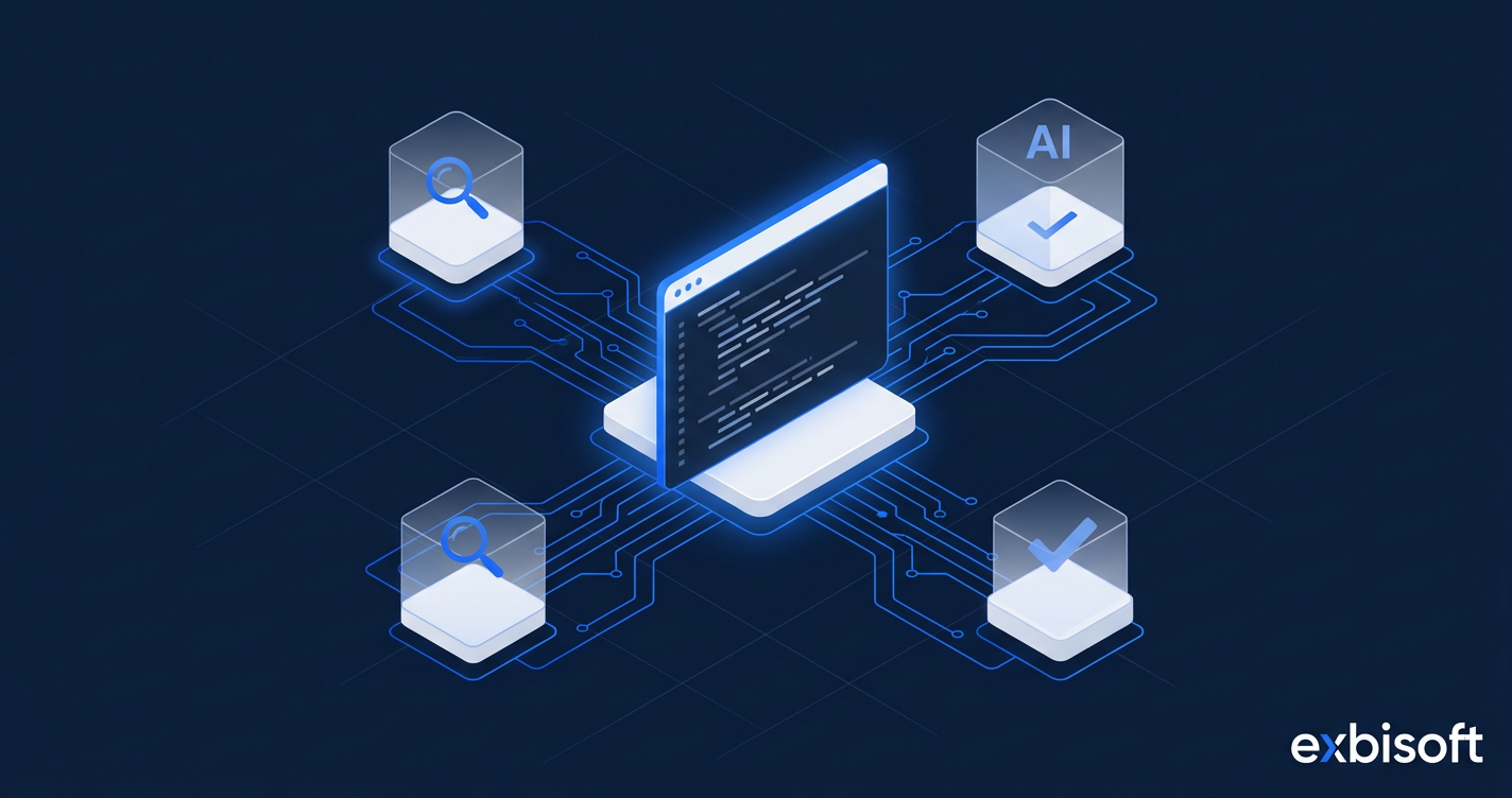 Abstrakte Darstellung von Code, der von mehreren KI-Agenten in einer Review-Pipeline analysiert wird