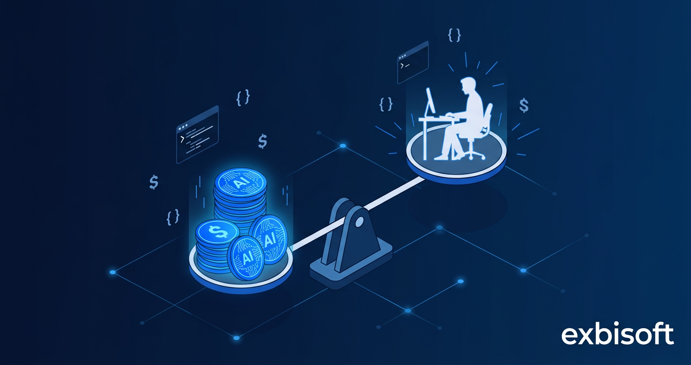 Isometrische Illustration einer Waage, die KI-Token-Kosten gegen den Wert menschlicher Entwickler abwägt