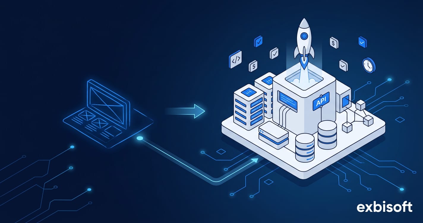 Isometric illustration of a startup rocket launching from a rapid prototype toward a scalable architecture