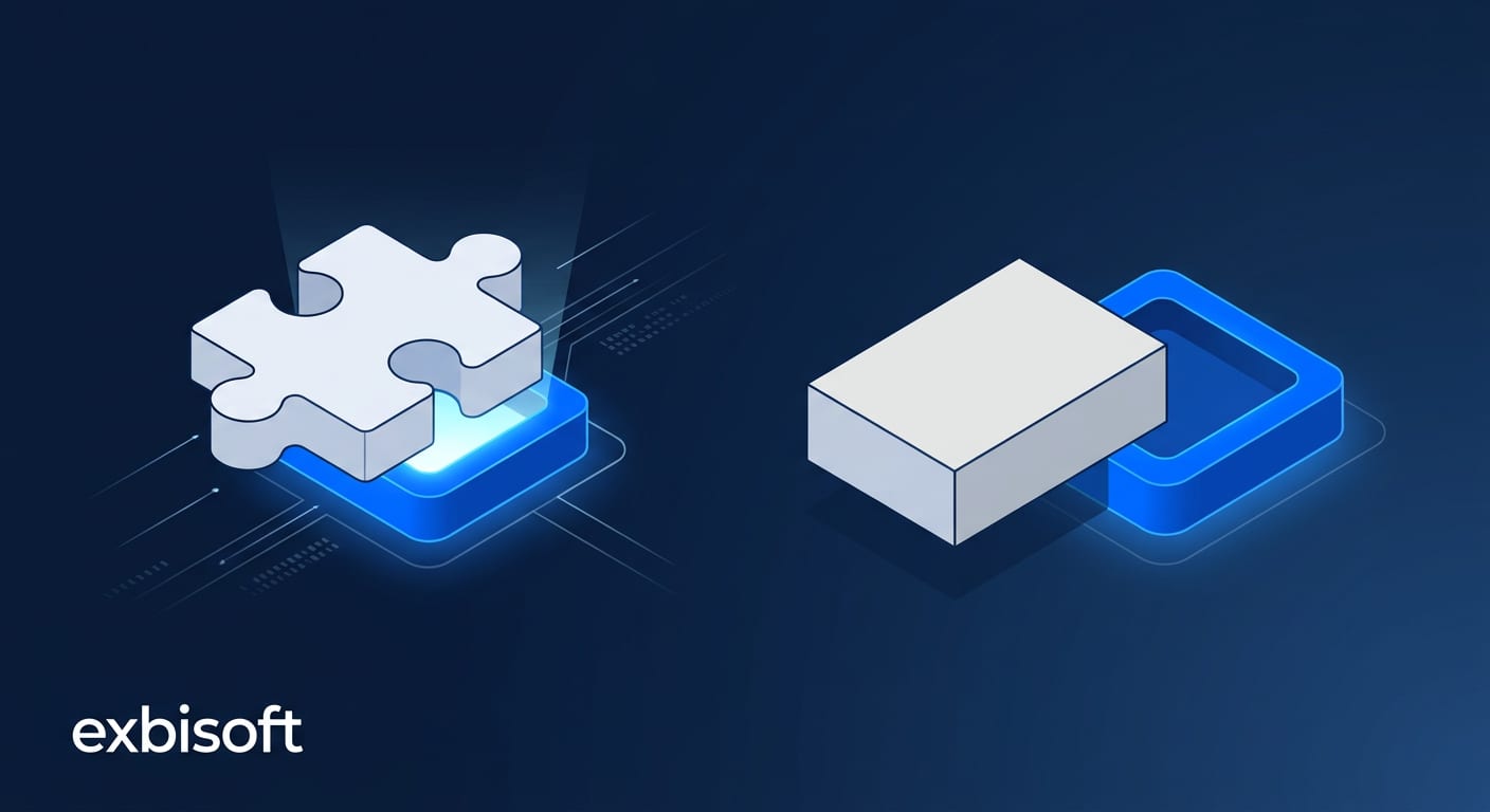 Isometric illustration of a custom-built software module fitting precisely into an organization's workflow, next to a mismatched off-the-shelf block