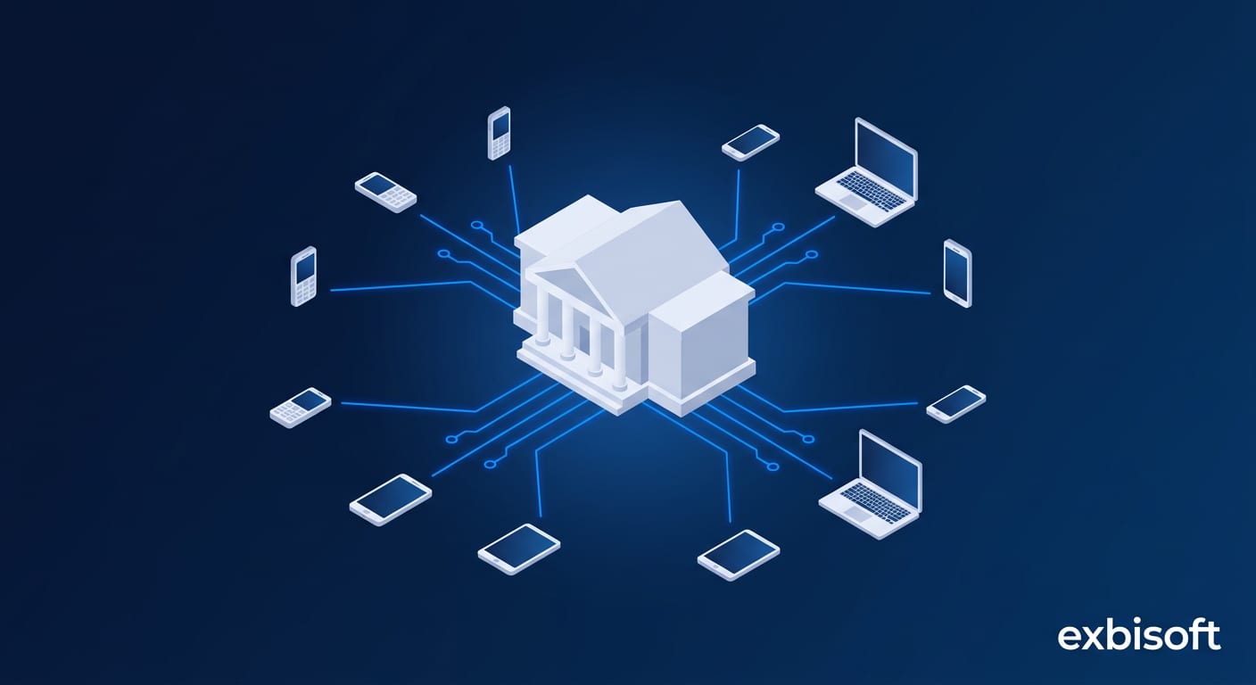 Isometric illustration of a civic building connected to many diverse citizen devices through glowing service lines