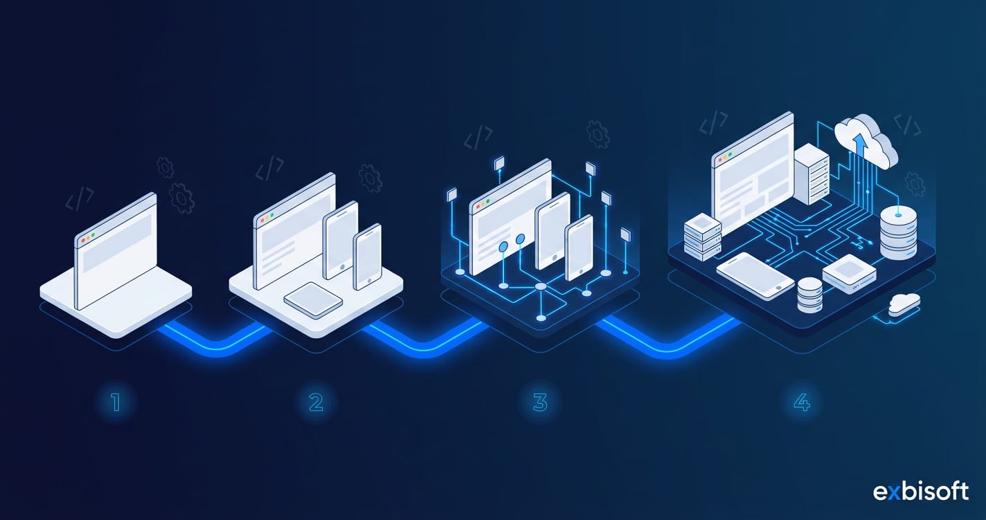 Isometric illustration of an application evolving through multiple generations of modernisation