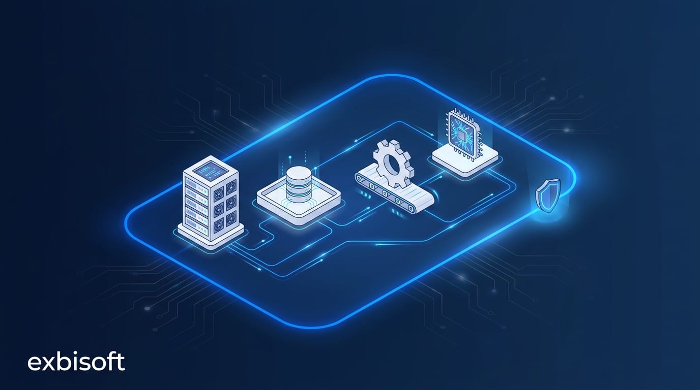 Isometric illustration of four objects, a server rack, a test sandbox with a database, a pipeline gear on a track and an AI chip, all standing inside one glowing outlined boundary with a small shield at its edge