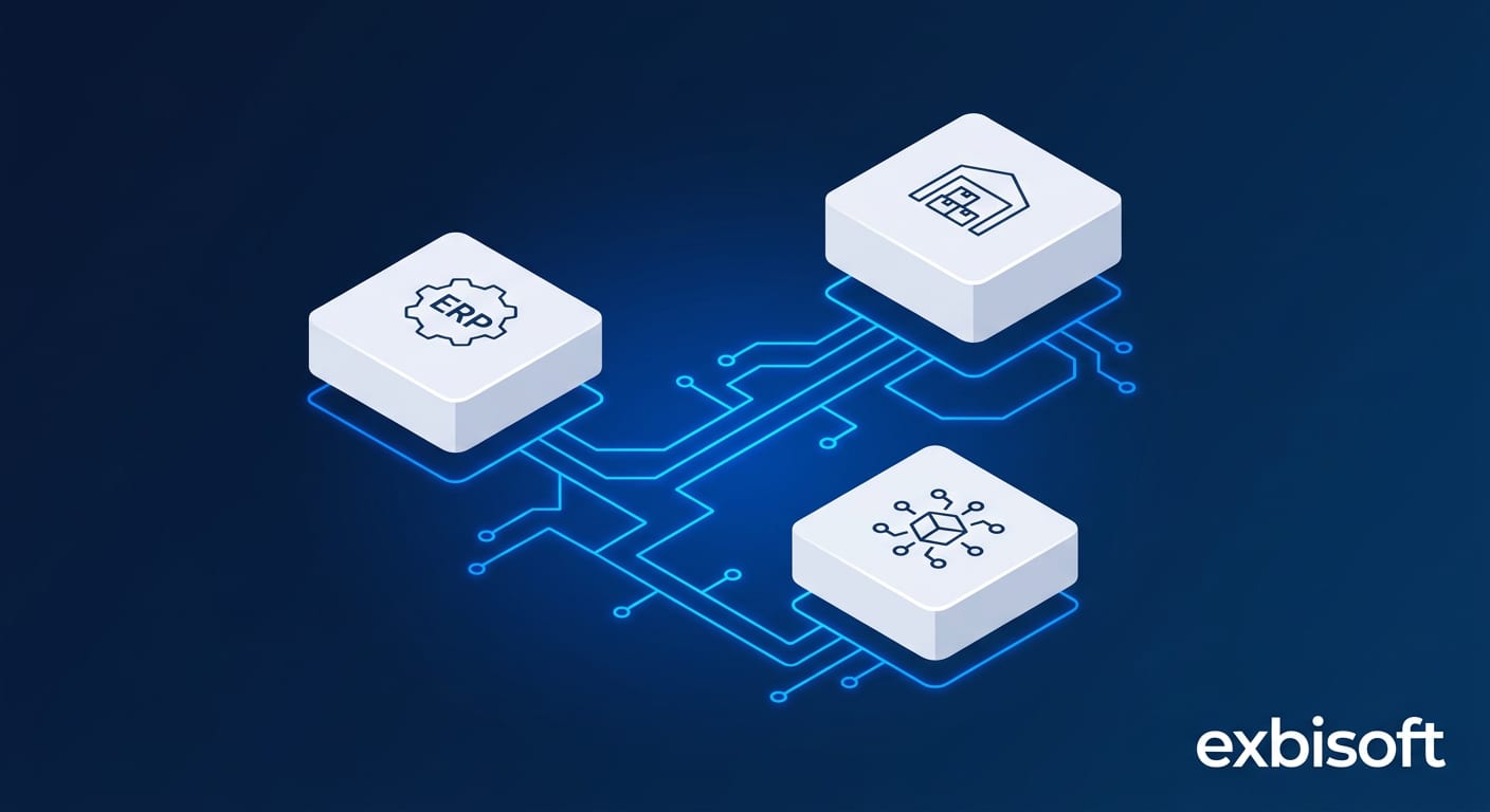 Isometric illustration of ERP, WMS, and PLM systems connected through a glowing integration layer