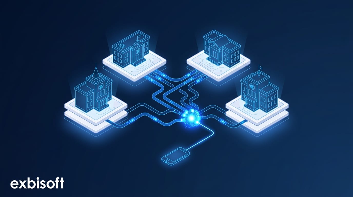Isometric illustration of separate government data systems being connected by glowing blue integration lines