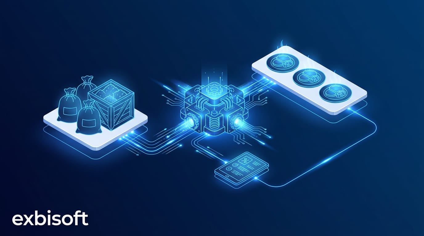 Isometric illustration of sacks of raw ingredients converting into portioned dishes, linked by glowing blue lines to a stock ledger