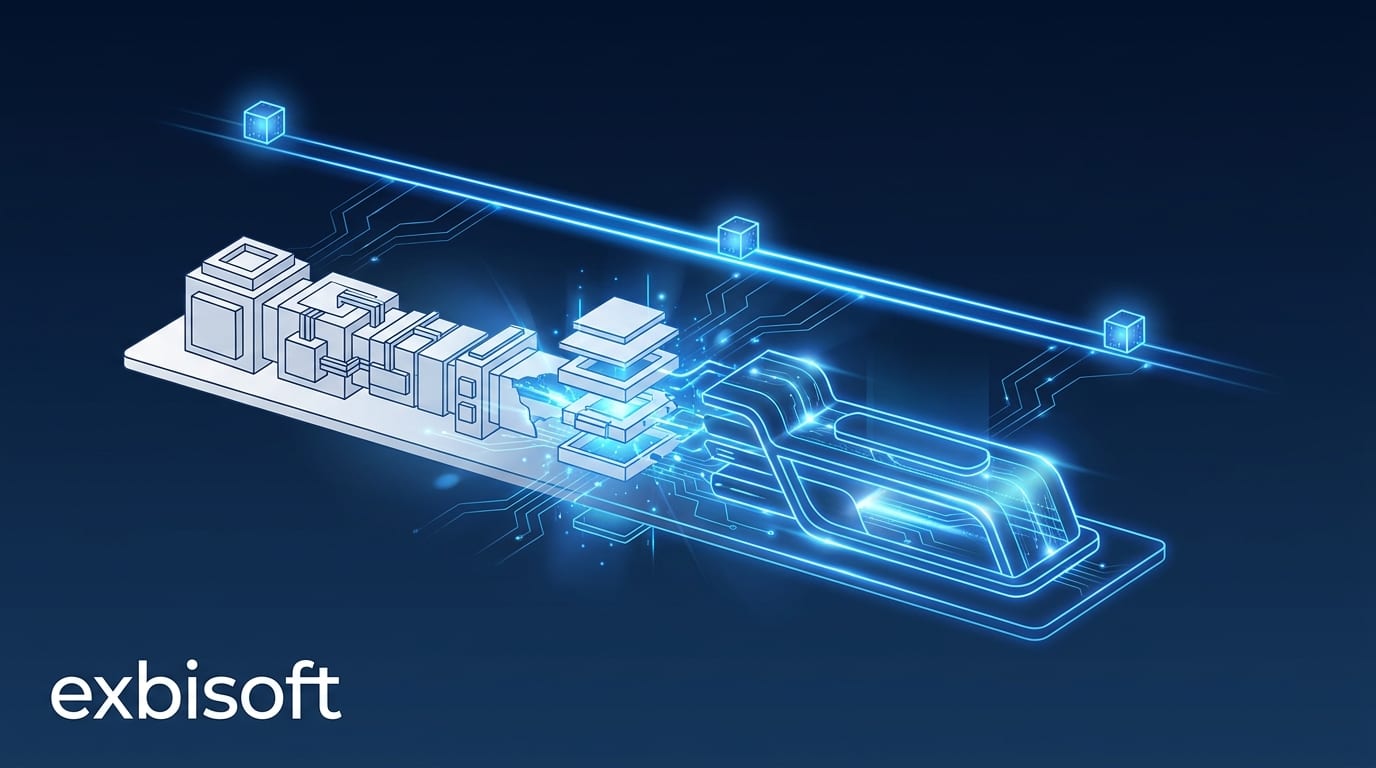 Isometric illustration of an old application block being rebuilt layer by layer while a parallel track of new features keeps moving