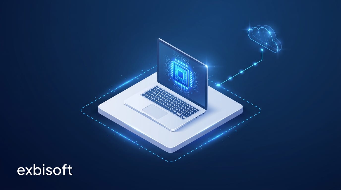 Isometrische Illustration eines aufgeklappten Laptops mit leuchtendem Chip innerhalb einer gestrichelten Grenze auf einer weißen Plattform, aus der eine dünne blaue Linie dennoch hinaus zu einer kleinen Wolke führt