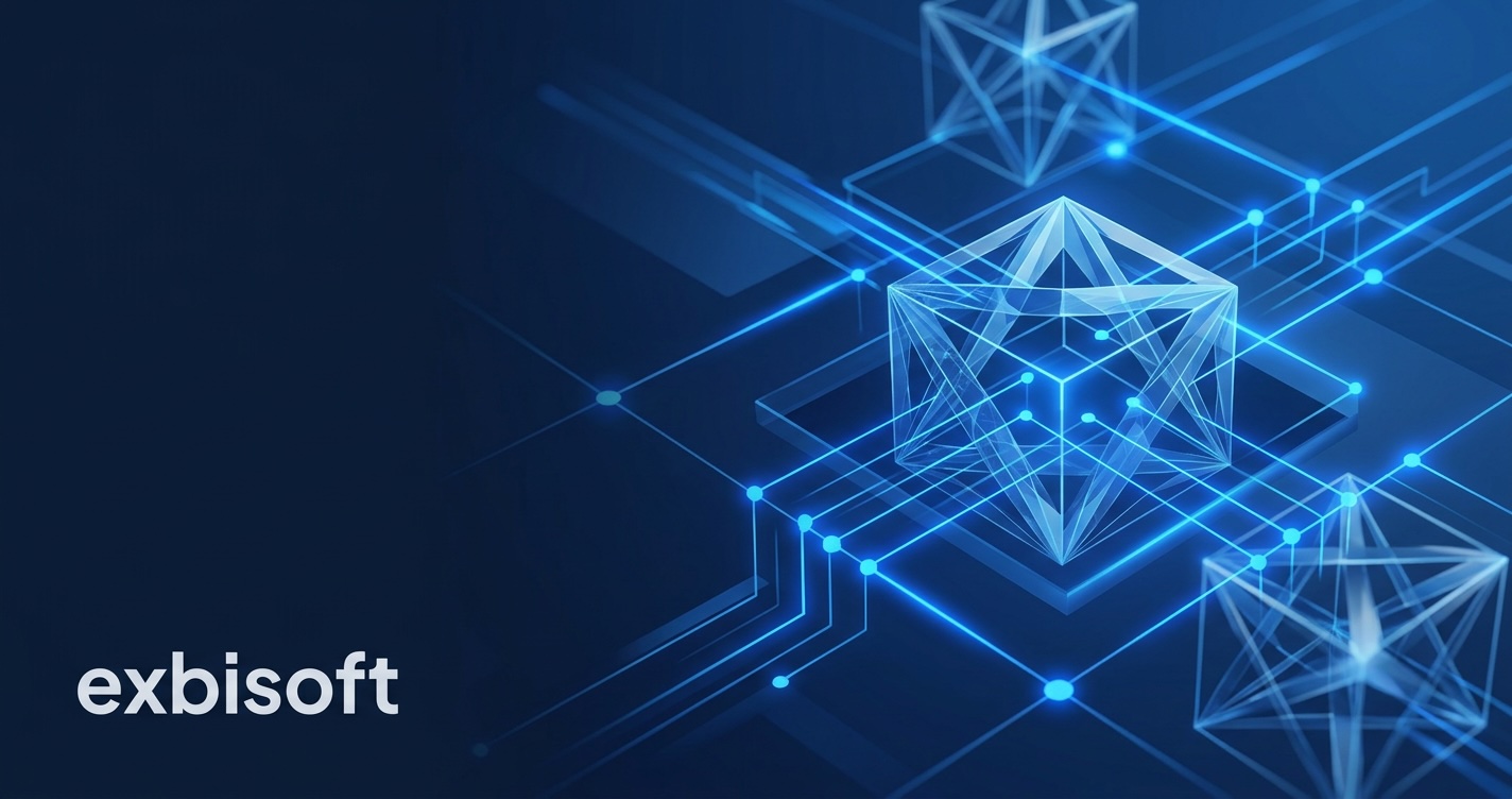 Abstrakte Quantencomputer-Visualisierung — vernetzte geometrische Knoten auf dunkelblauem Schaltkreis-Hintergrund