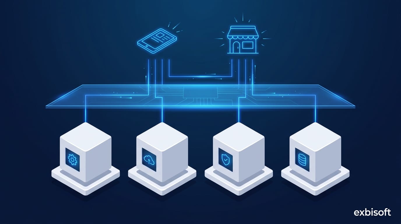 Isometric illustration of existing retail systems left in place and joined by a new connecting layer above them