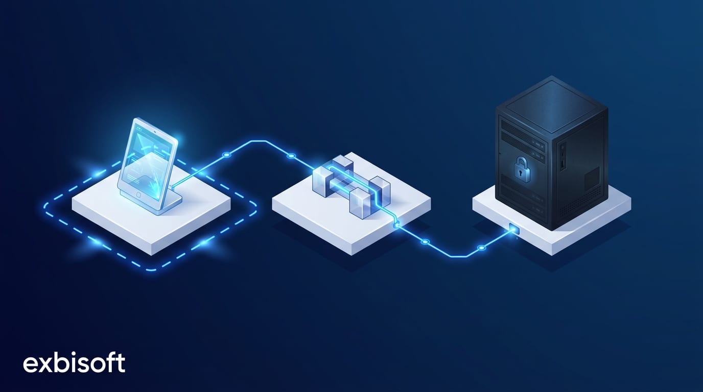 Isometrische Illustration eines Tablets auf einer kleinen Plattform innerhalb einer leuchtend umrandeten Grenze, über einen einzigen sauberen Verbinder mit einem kleinen Brückenblock und weiter mit einem großen Serverblock verbunden, der dunkel und unangetastet bleibt