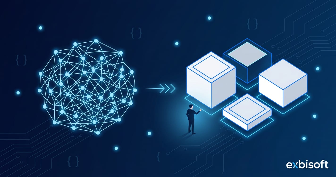 Isometric illustration of a complex problem being decomposed into clear, solvable components