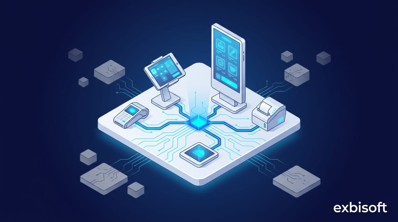 Isometric illustration of restaurant devices — POS, tablet, menu display, kitchen systems — connected into one glowing platform