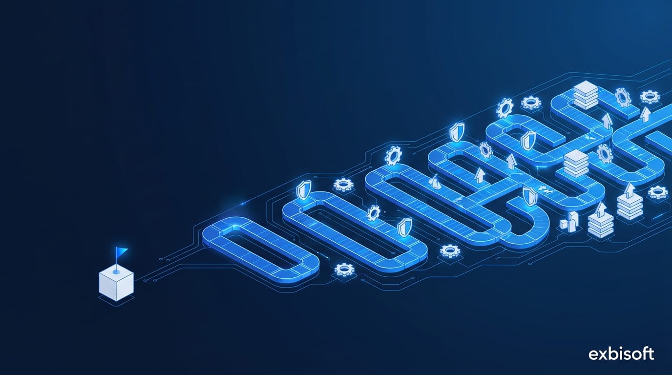 Isometric illustration of a software launch milestone as a small block, followed by a long connected track of ongoing maintenance work