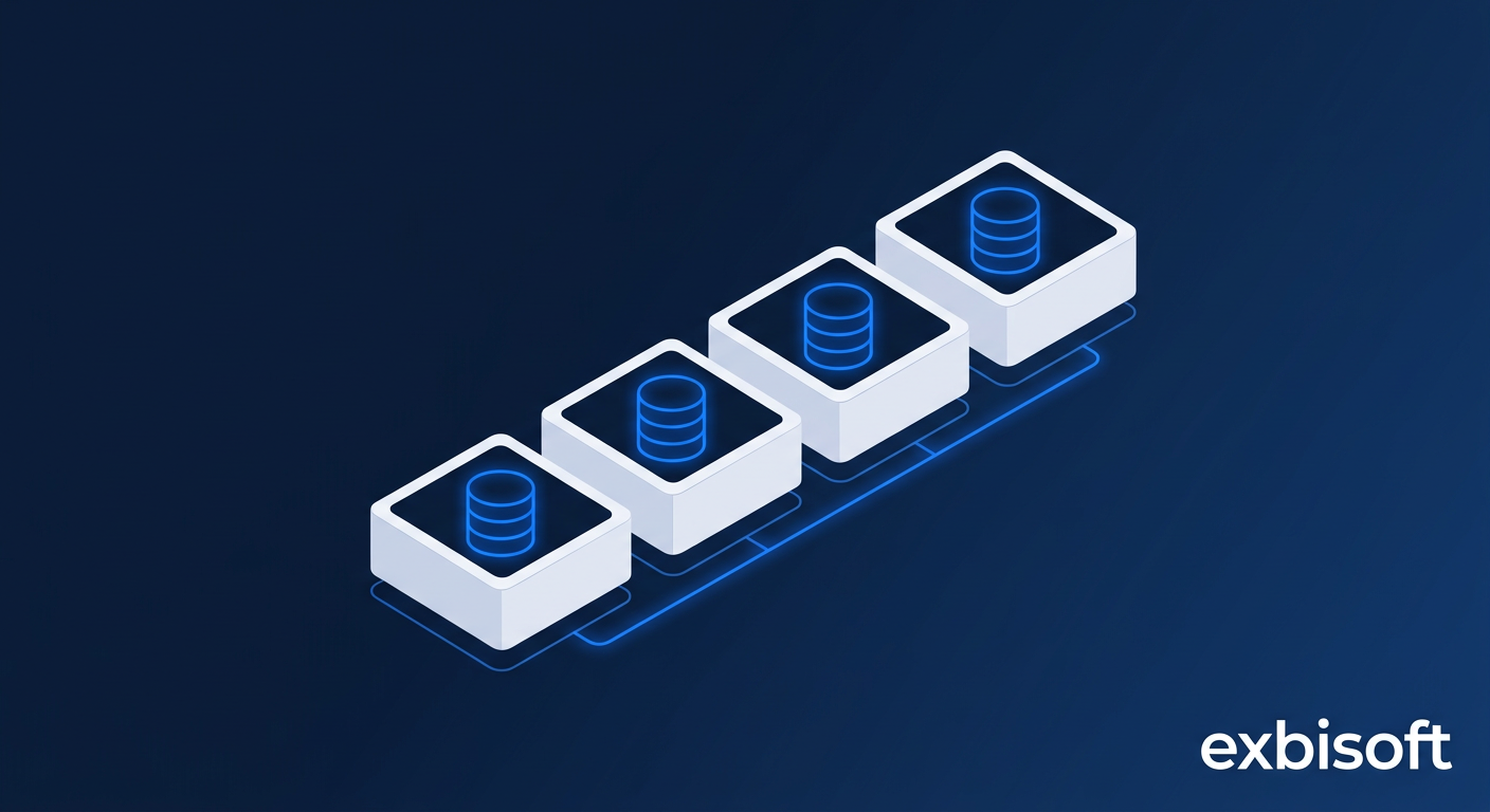 Isometrische Illustration mehrerer wegwerfbarer Datenbank-Container, die parallel in einer CI/CD-Pipeline hochfahren