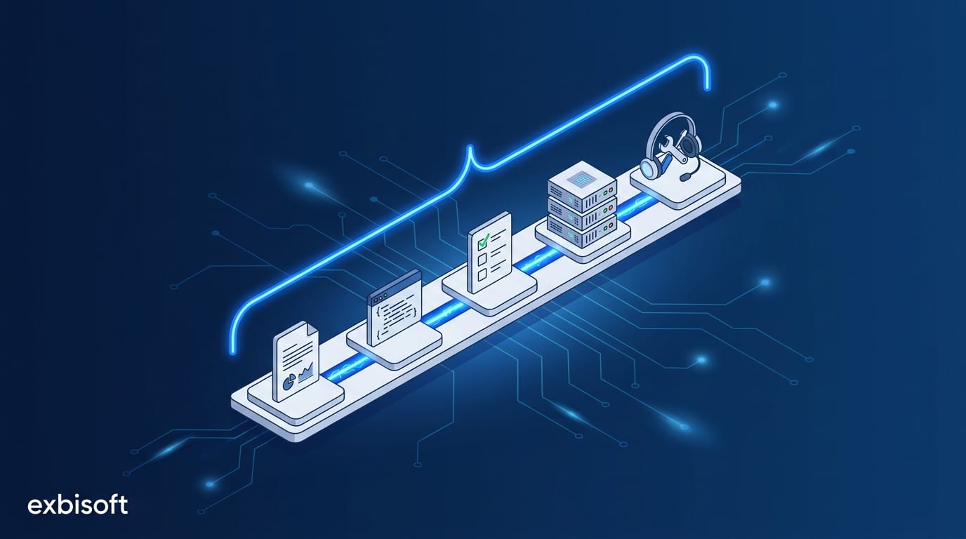 Isometric illustration of one unbroken delivery track carrying five stages, from document to code to checklist to server to support, under a single glowing bracket that spans all of them