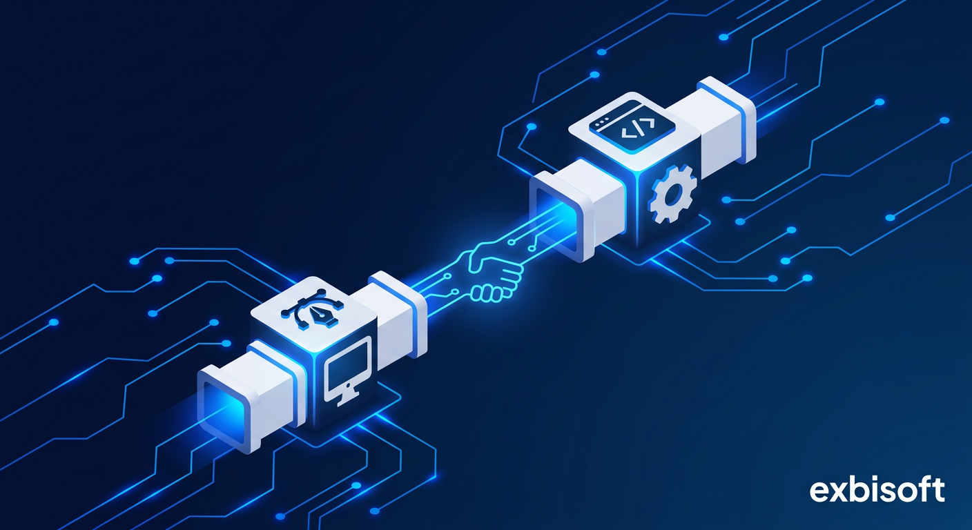 Isometrische Illustration zweier verbundener Lieferketten als Sinnbild für eine Agentur und ihren White-Label-Entwicklungspartner