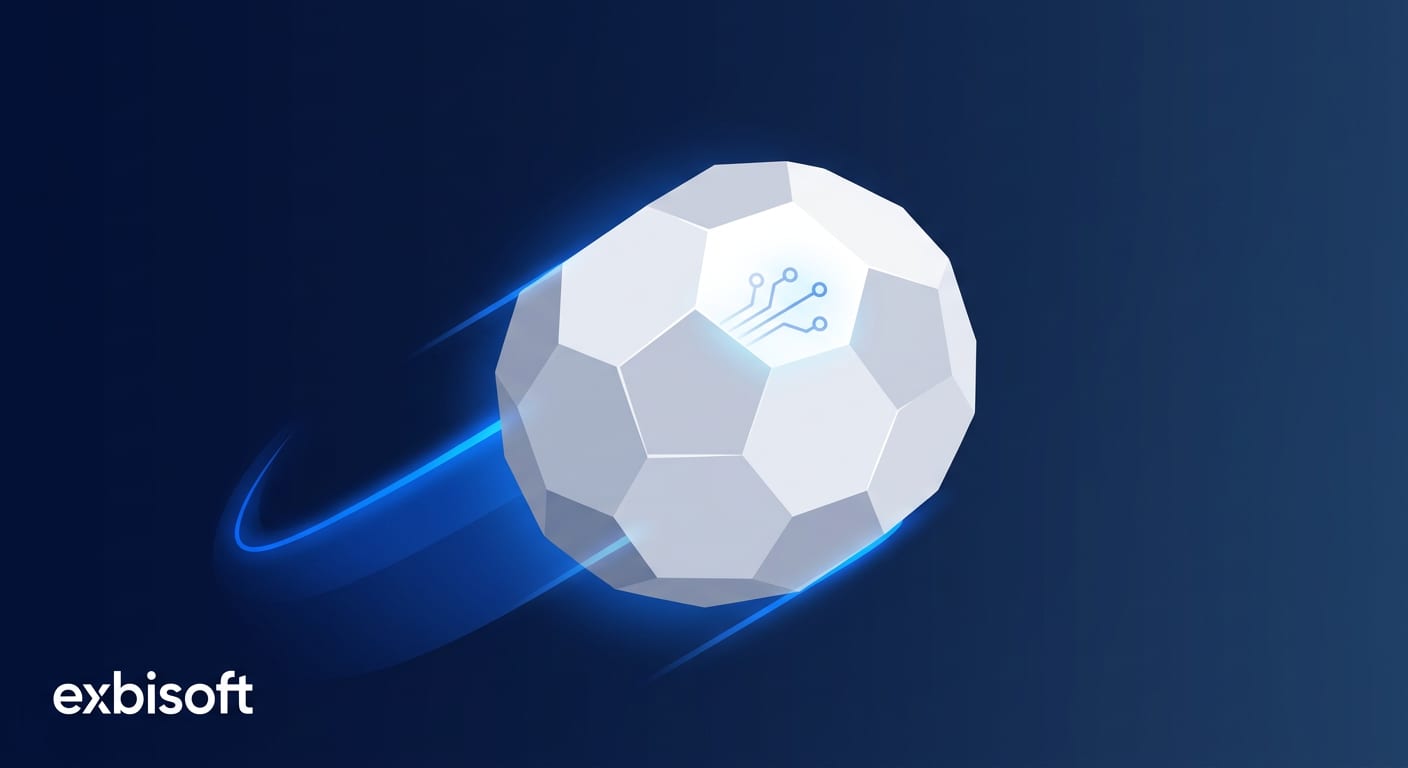 Abstract isometric illustration of a football in flight with glowing motion lines