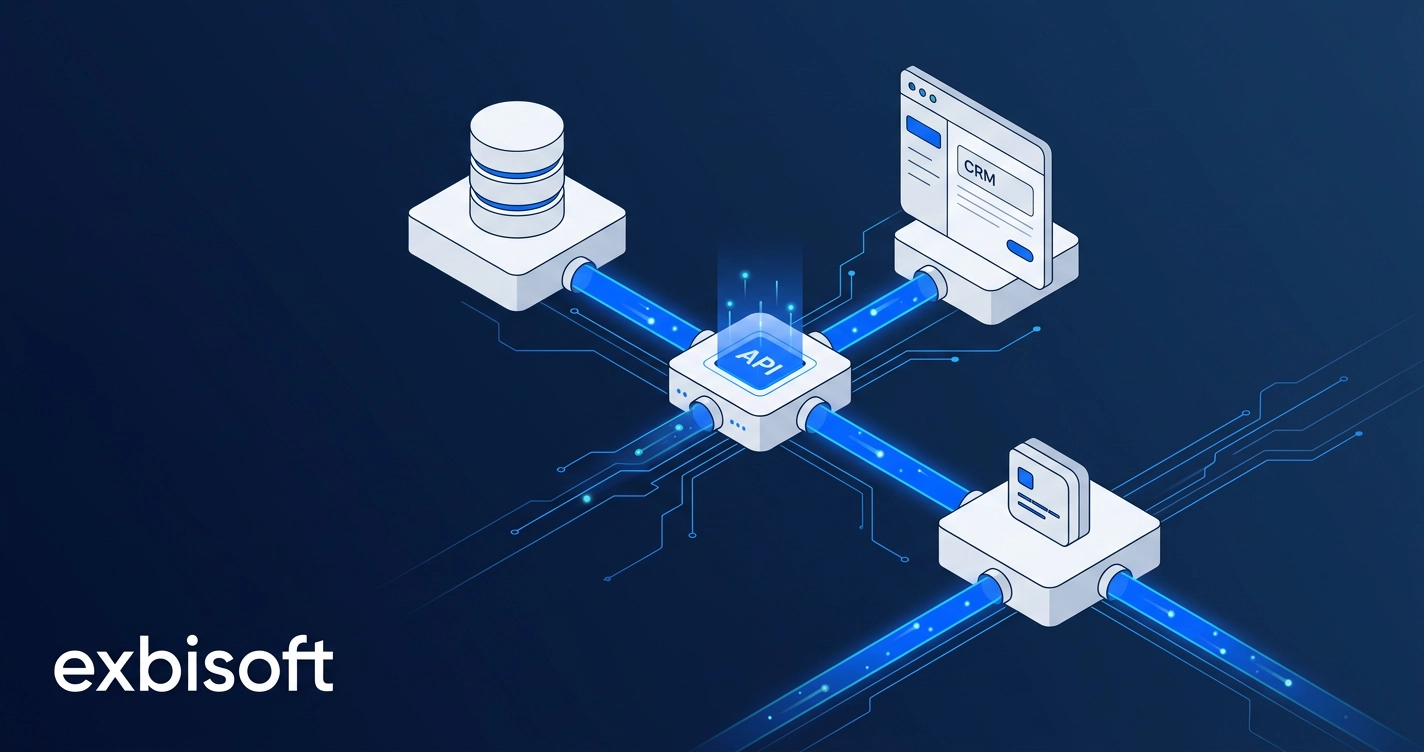Isometric illustration of software systems connected through glowing API pipelines