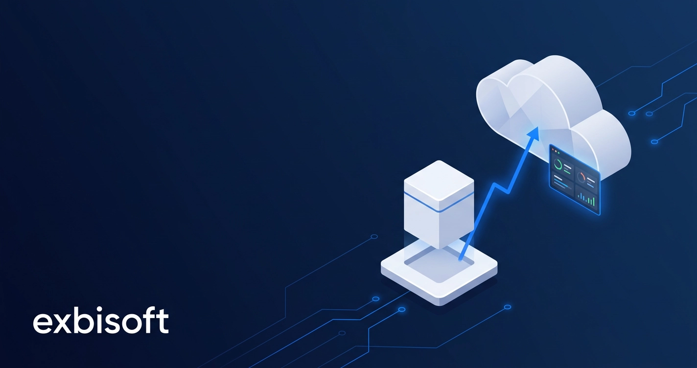 Isometric illustration of an application migrating into cloud infrastructure