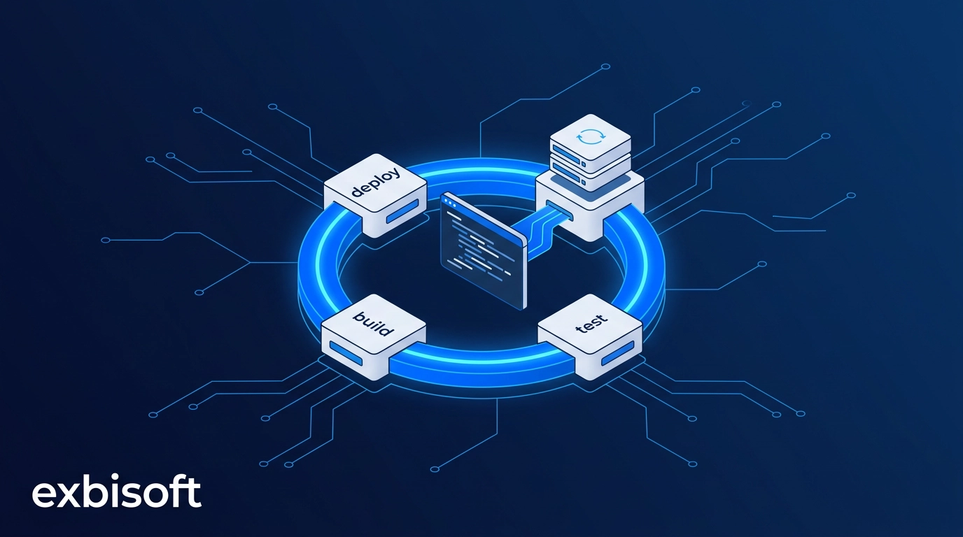 Isometric illustration of a CI/CD release pipeline moving code into production