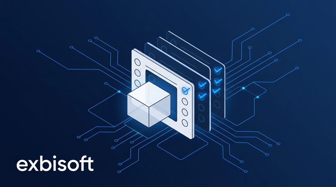 Isometric illustration of test cases and quality checks running against a software build