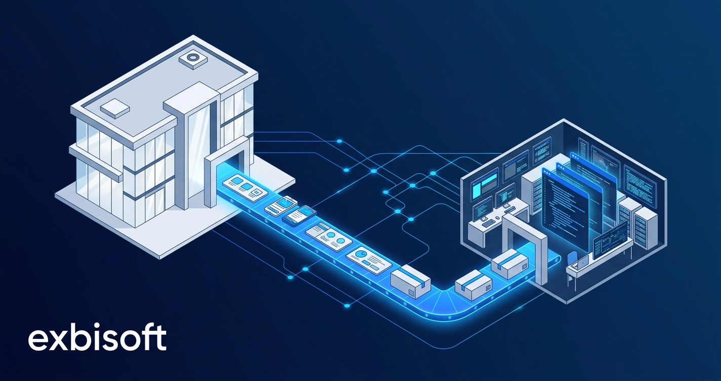 Isometric illustration of two teams connecting through a shared delivery pipeline