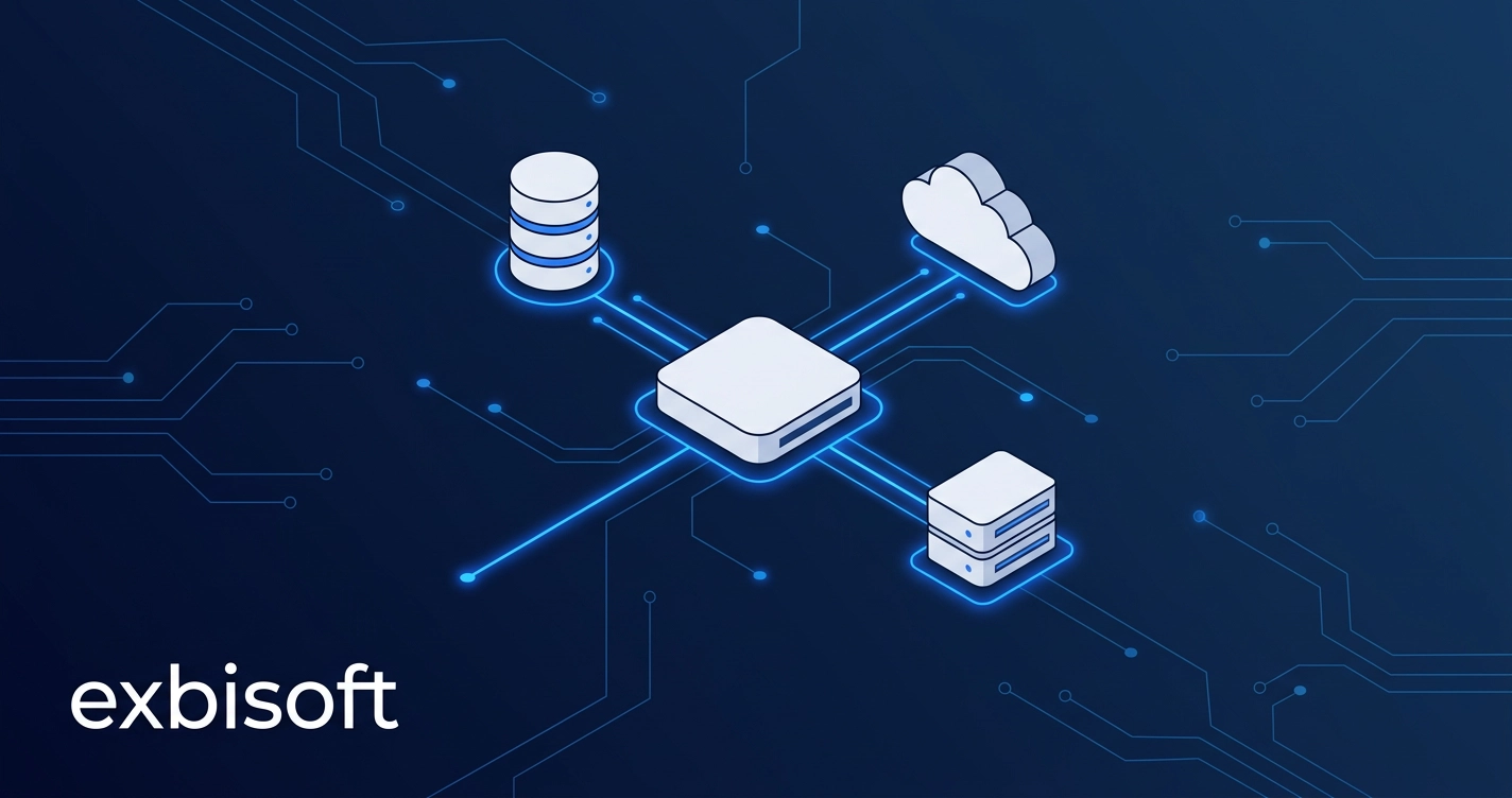 Isometric illustration of a systems integrator connecting client platforms