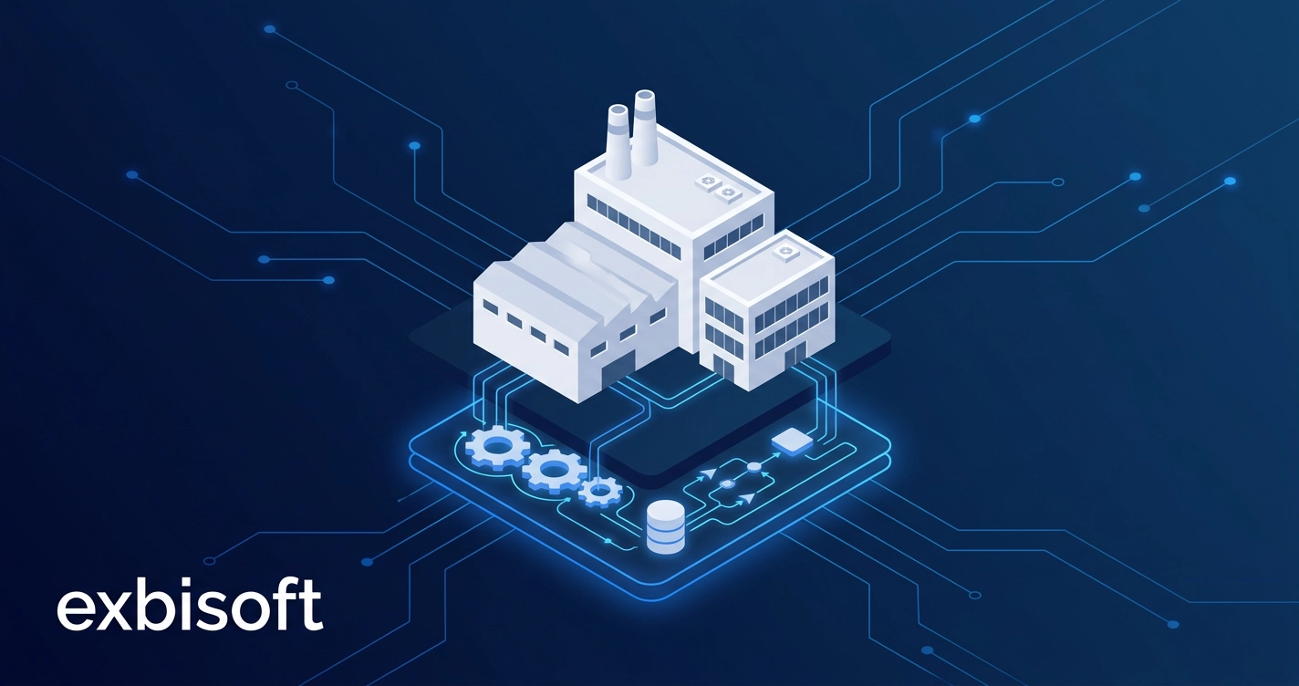 Isometric illustration of a mid-sized manufacturing business connected to custom software