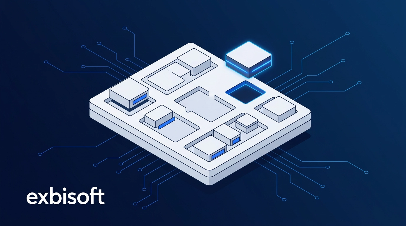 Isometric illustration of software product modules clicking into a larger platform